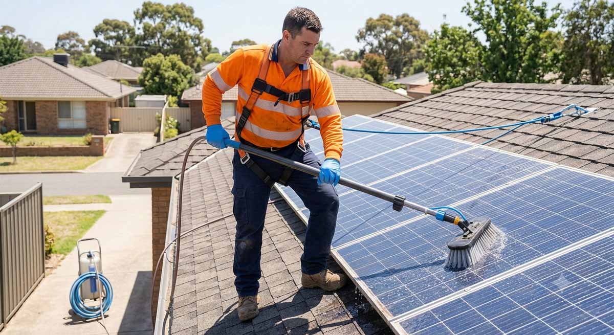 Residential solar cleaning in Glendale, CA with careful solar panel dirt removal service